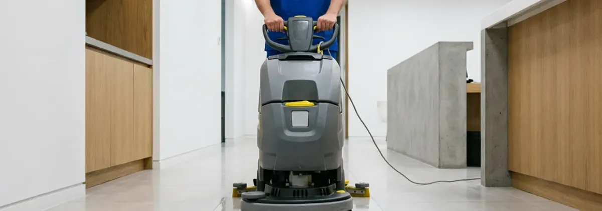Janitorial staff using a floor scrubber machine to clean a commercial hallway, Knoxville, TN.